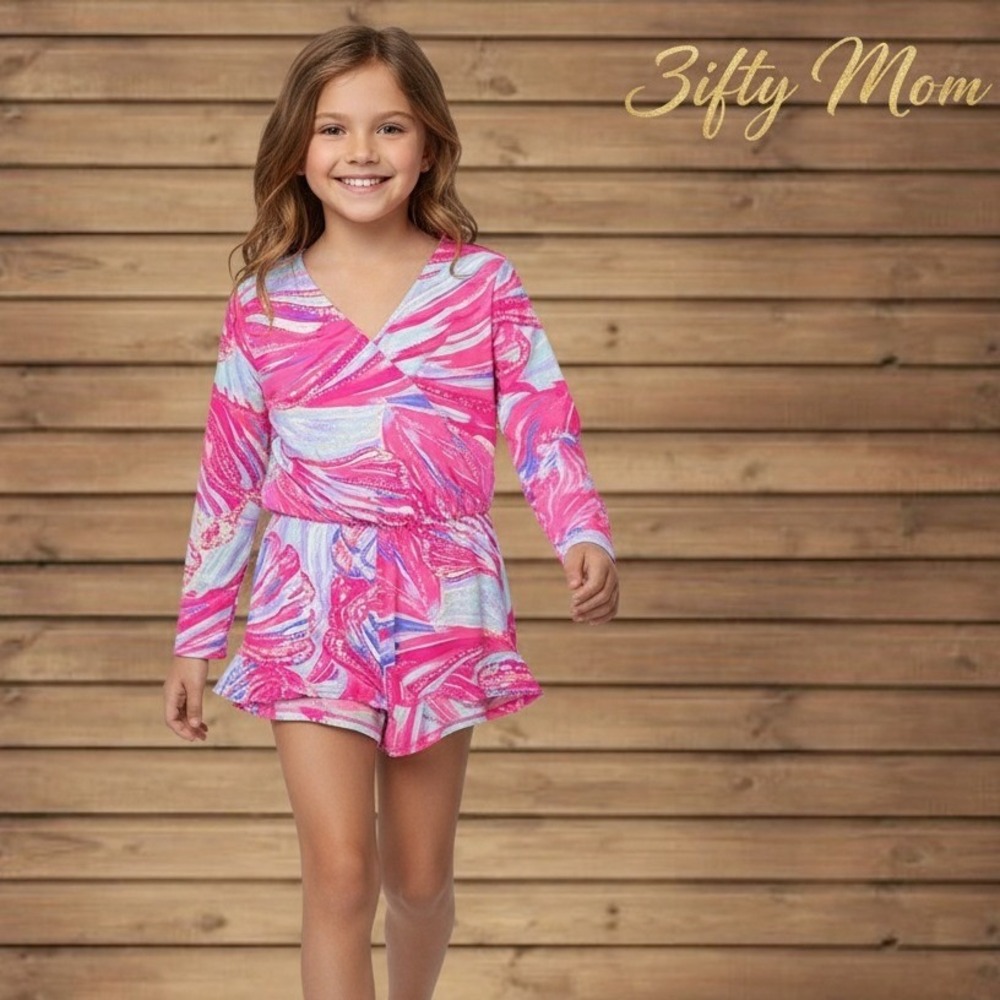 Lilly Pulitzer Girls Karlie Wrap Romper Shell Print Long Sleeve Ruffle L 8-10